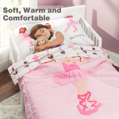4 Piece Toddler Bedding Set -Born to Dance Ballerina- Includes Comforter, Flat Sheet, Fitted Sheet and Reversible Pillowcase