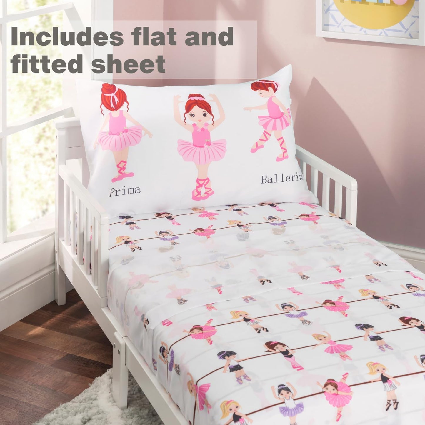 4 Piece Toddler Bedding Set -Born to Dance Ballerina- Includes Comforter, Flat Sheet, Fitted Sheet and Reversible Pillowcase