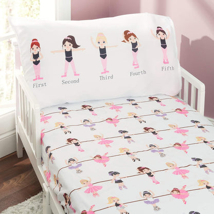 4 Piece Toddler Bedding Set -Born to Dance Ballerina- Includes Comforter, Flat Sheet, Fitted Sheet and Reversible Pillowcase