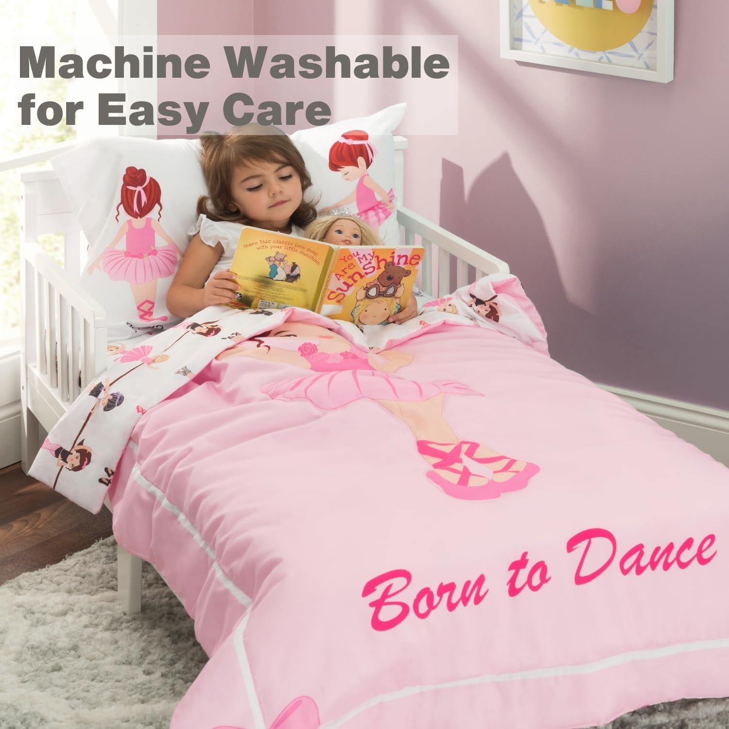4 Piece Toddler Bedding Set -Born to Dance Ballerina- Includes Comforter, Flat Sheet, Fitted Sheet and Reversible Pillowcase