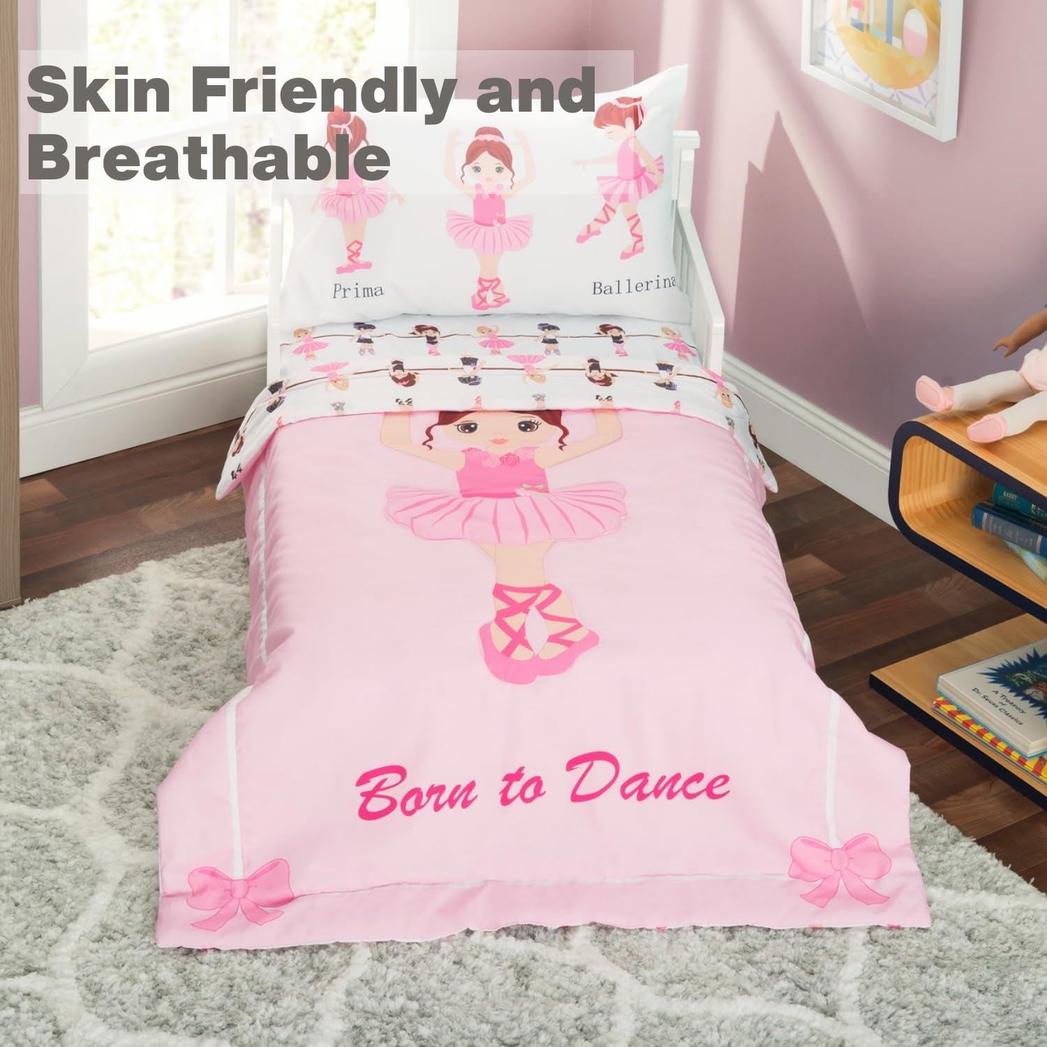 4 Piece Toddler Bedding Set -Born to Dance Ballerina- Includes Comforter, Flat Sheet, Fitted Sheet and Reversible Pillowcase