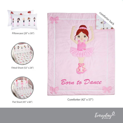 4 Piece Toddler Bedding Set -Born to Dance Ballerina- Includes Comforter, Flat Sheet, Fitted Sheet and Reversible Pillowcase