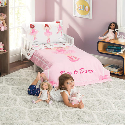 4 Piece Toddler Bedding Set -Born to Dance Ballerina- Includes Comforter, Flat Sheet, Fitted Sheet and Reversible Pillowcase