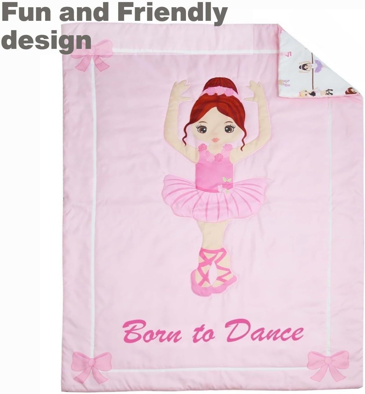 4 Piece Toddler Bedding Set -Born to Dance Ballerina- Includes Comforter, Flat Sheet, Fitted Sheet and Reversible Pillowcase